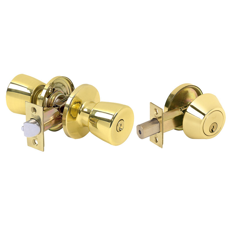 TELL - Tell Bright Brass Deadbolt and Entry Door Knob 1-3/4 in.