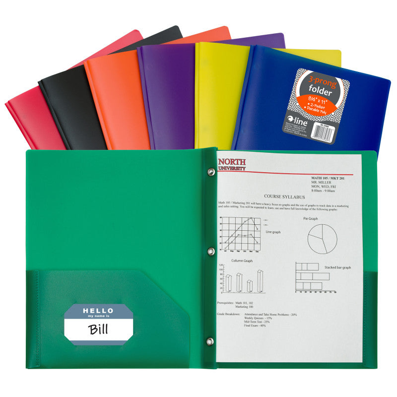 C-LINE - Two-Pocket Heavyweight Poly Portfolio Folder with Prongs, Assorted Primary Colors, Pack of 36