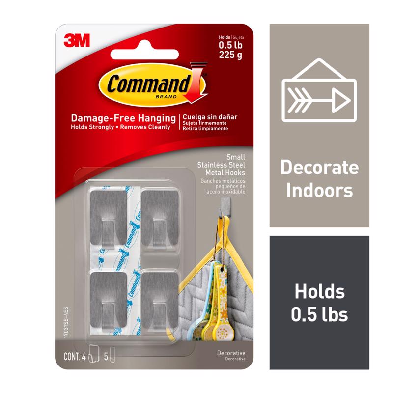 3M - 3M Command Stainless Steel Metal Small Hook 0.5 lb. cap. 4 pk