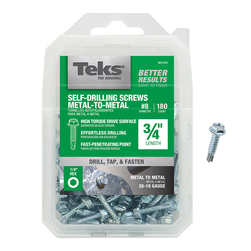 ITW - Teks No. 8 X 3/4 in. L Hex Washer Head Sheet Metal Screws 180 pk