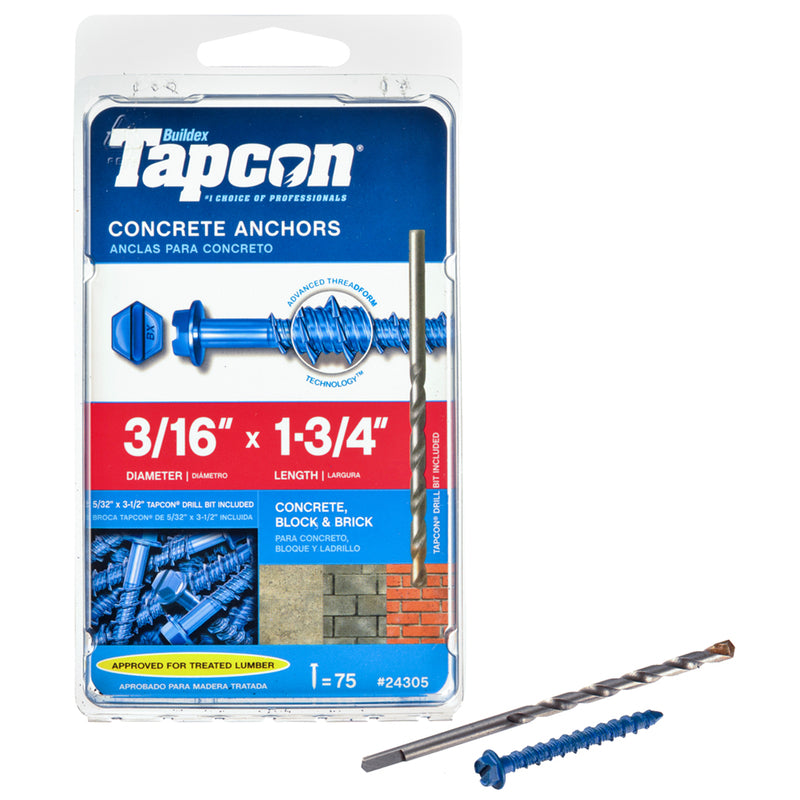 ITW - Tapcon 3/16 in. D X 1-3/4 in. L Steel Hex Head Concrete Screw Anchor 75 pk