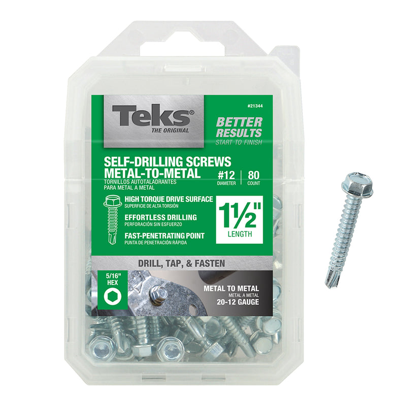 ITW - Teks No. 12 X 1-1/2 in. L Hex Washer Head Sheet Metal Screws 80 pk