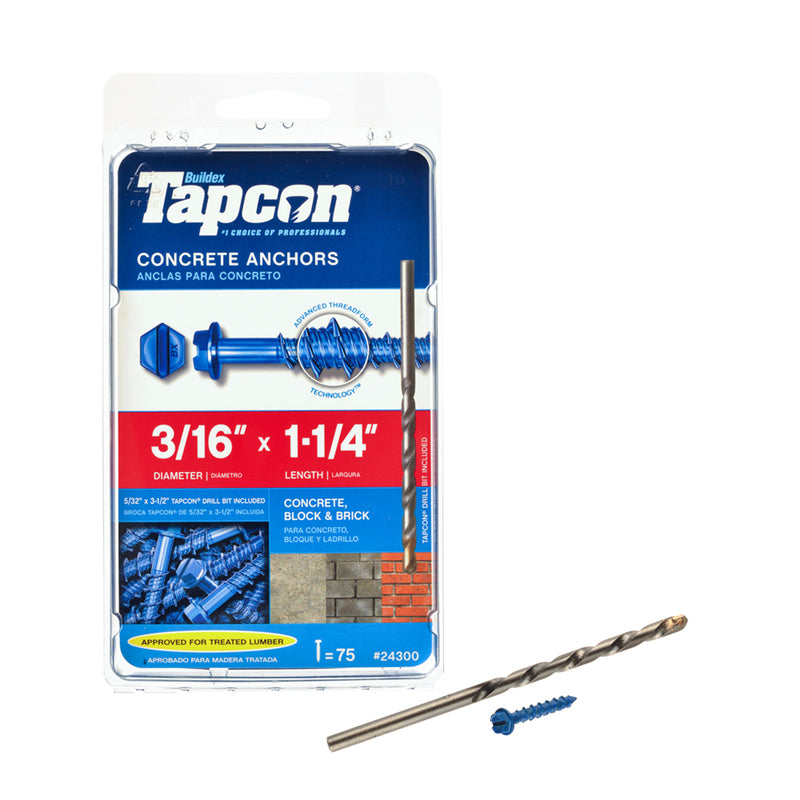 ITW - Tapcon 3/16 in. D X 1-1/4 in. L Steel Hex Head Concrete Screw Anchor 75 pk