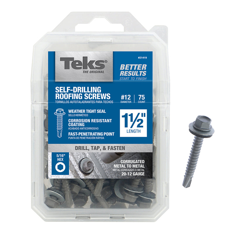 ITW - Teks No. 12 X 1-1/2 in. L Hex Drive Hex Washer Head Roofing Screws 75 pk