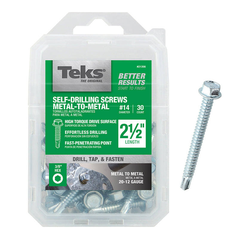 ITW - Teks No. 14 X 2-1/2 in. L Hex Washer Head Sheet Metal Screws 30 pk