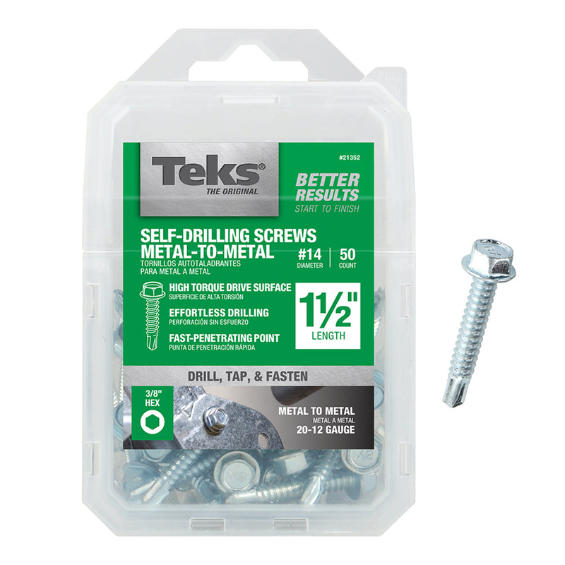 ITW - Teks No. 14 X 1-1/2 in. L Hex Washer Head Sheet Metal Screws 50 pk