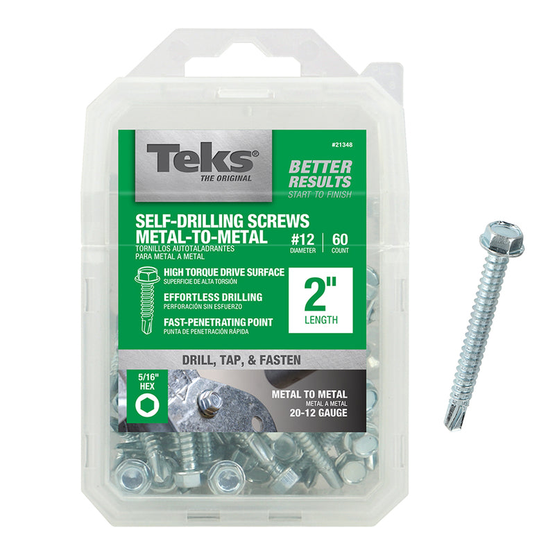 ITW - Teks No. 12 X 2 in. L Hex Washer Head Sheet Metal Screws 60 pk