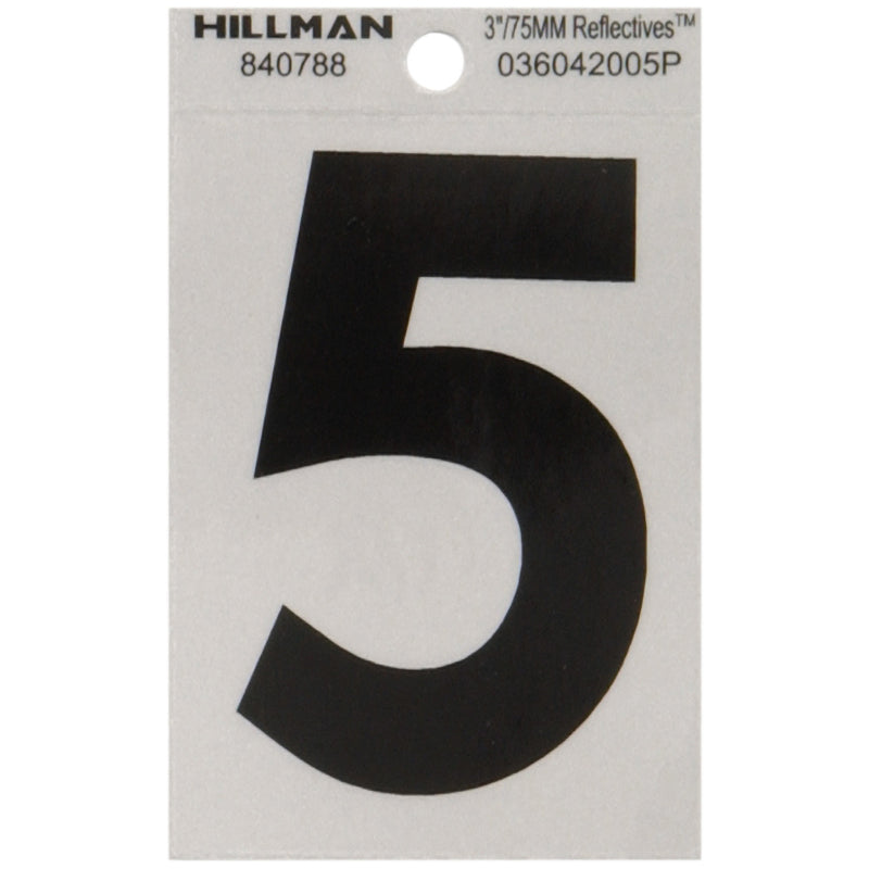 HILLMAN - Hillman 3 in. Reflective Black Vinyl Self-Adhesive Number 5 1 pc - Case of 6 [840788]