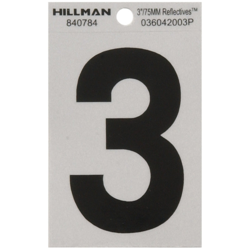 HILLMAN - Hillman 3 in. Reflective Black Vinyl Self-Adhesive Number 3 1 pc - Case of 6 [840784]