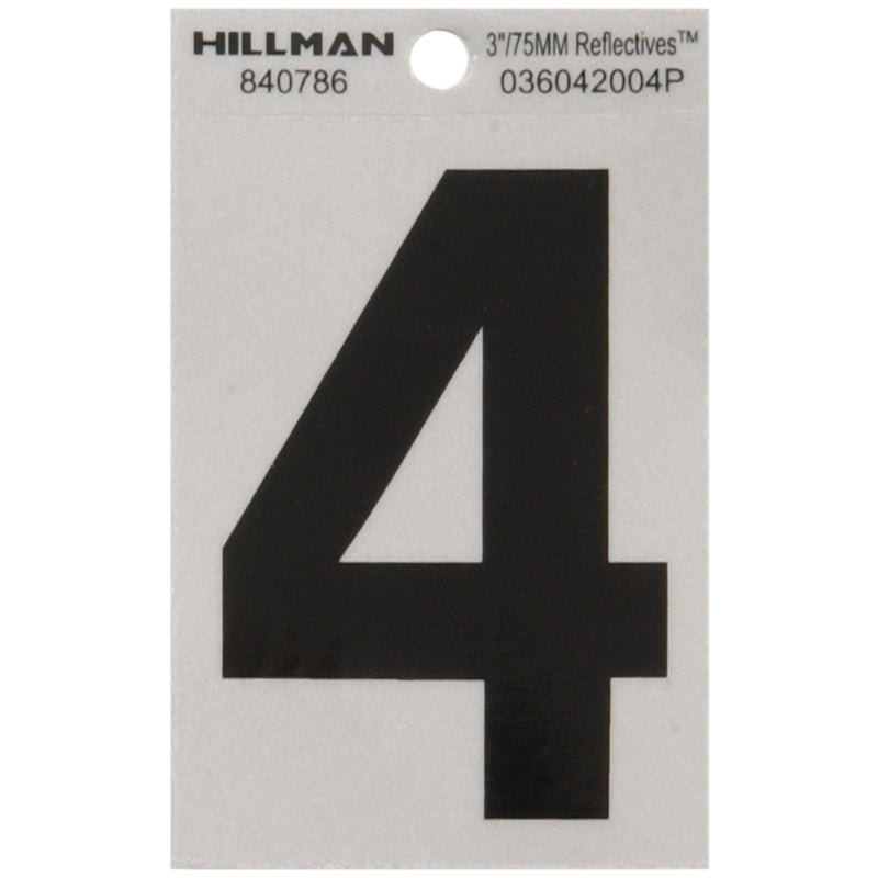 HILLMAN - Hillman 3 in. Reflective Black Vinyl Self-Adhesive Number 4 1 pc - Case of 6