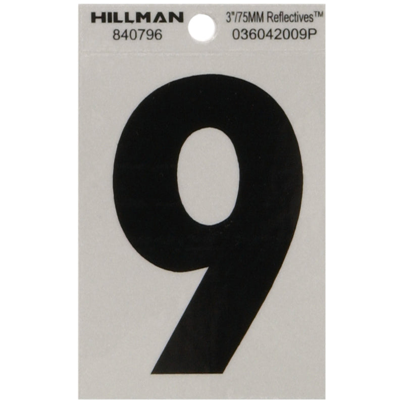 HILLMAN - Hillman 3 in. Reflective Black Vinyl Self-Adhesive Number 9 1 pc - Case of 6 [840796]