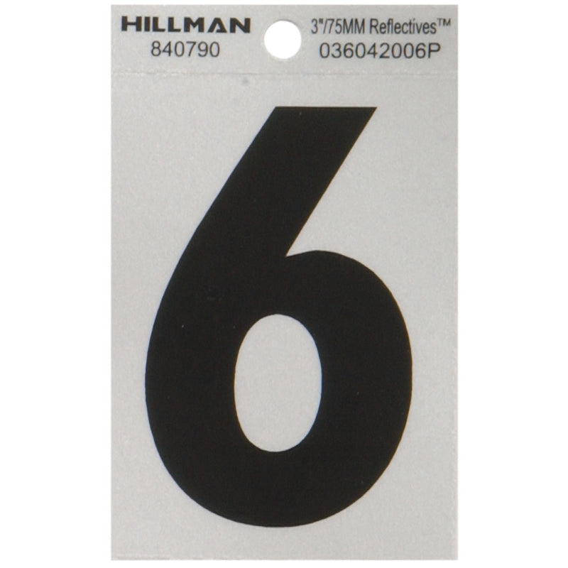 HILLMAN - Hillman 3 in. Reflective Black Vinyl Self-Adhesive Number 6 1 pc - Case of 6 [840790]