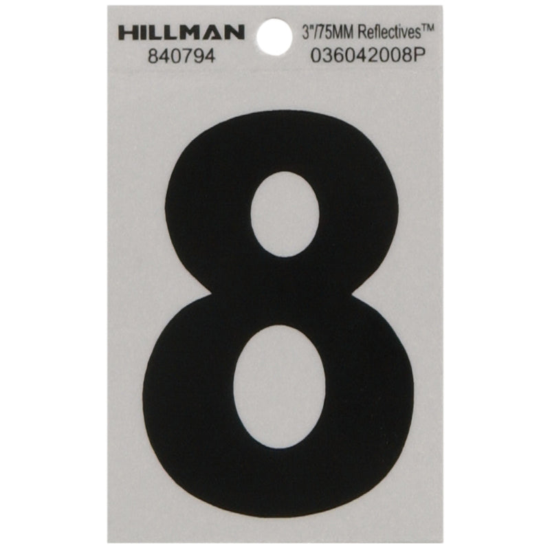 HILLMAN - Hillman 3 in. Reflective Black Vinyl Self-Adhesive Number 8 1 pc - Case of 6 [840794]