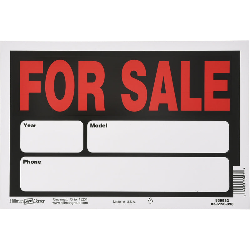 HILLMAN - Hillman English Black Auto For Sale Sign 8 in. H X 12 in. W - Case of 6