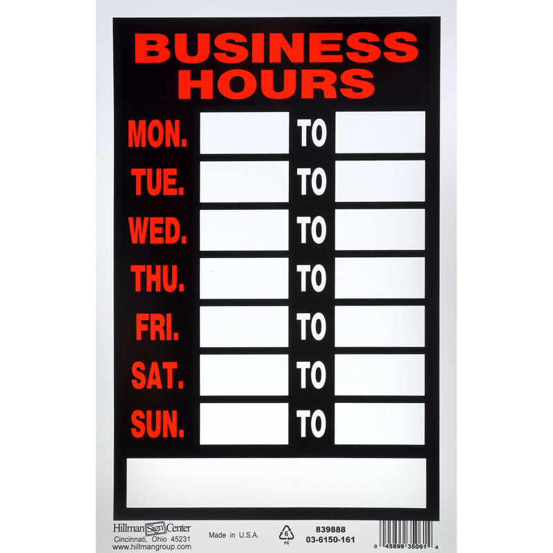 HILLMAN - Hillman English Black Hours Sign 12 in. H X 8 in. W - Case of 6