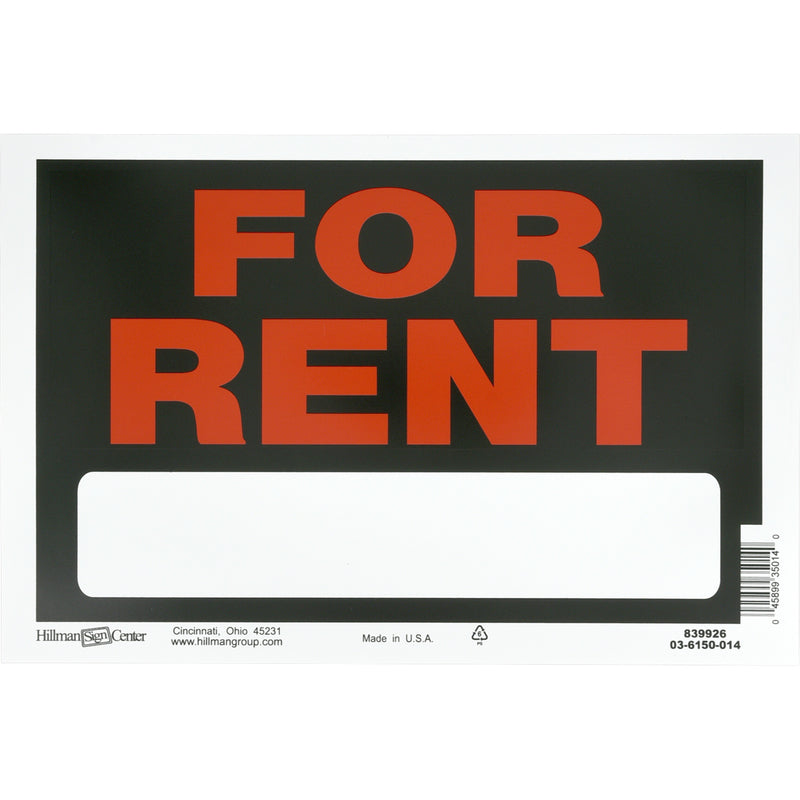 HILLMAN - Hillman English Black For Rent Sign 8 in. H X 12 in. W - Case of 6