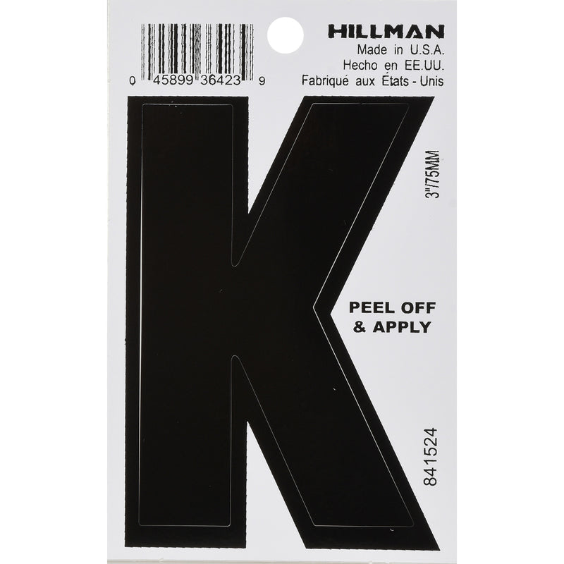 HILLMAN - Hillman 3 in. Black Vinyl Self-Adhesive Letter K 1 pc - Case of 6