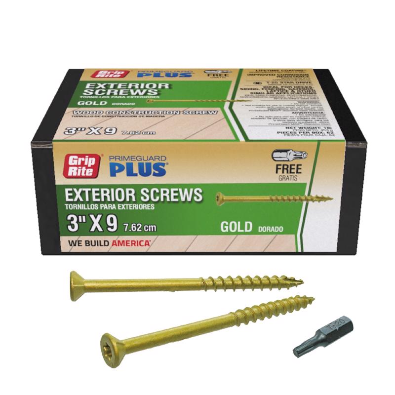 GRIP-RITE - Grip-Rite PrimeGuard Plus No. 9 wire X 3 in. L Gold Star Flat Head Deck Screws 1 lb - Case of 12