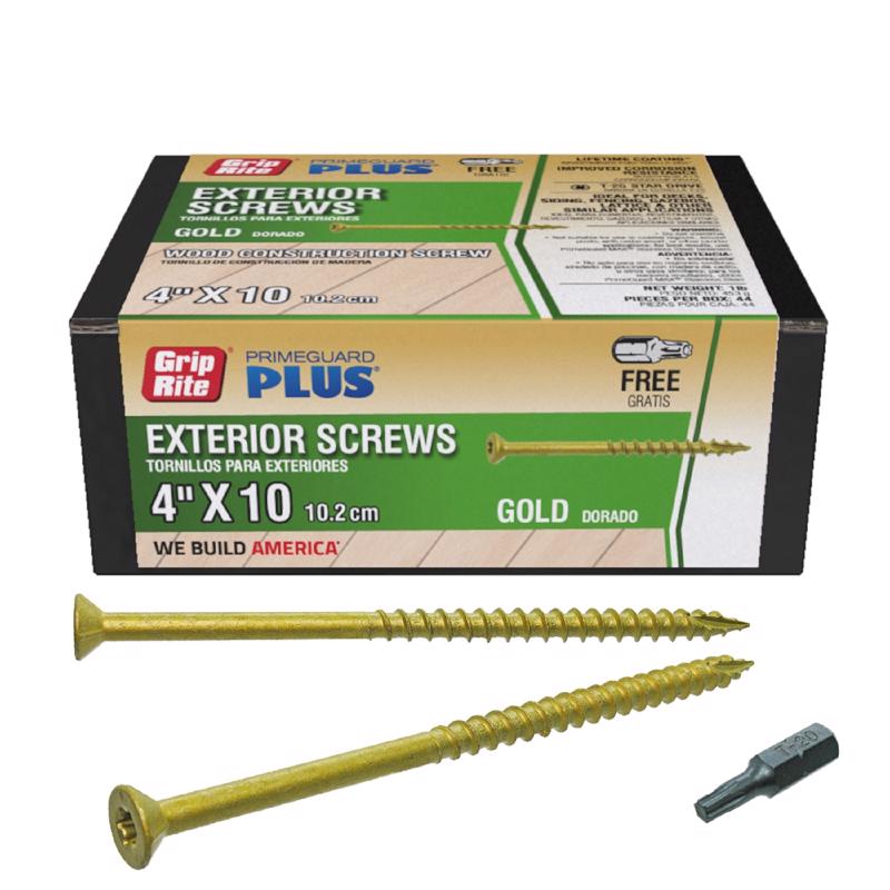 GRIP-RITE - Grip-Rite PrimeGuard Plus No. 10 wire X 4 in. L Gold Star Flat Head Deck Screws 1 lb 44 pk - Case of 12