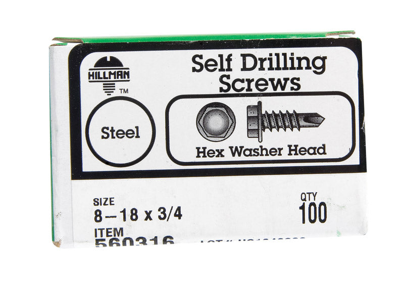 HILLMAN - Hillman No. 8-18 X 3/4 in. L Hex Hex Washer Head Self- Drilling Screws 100 pk