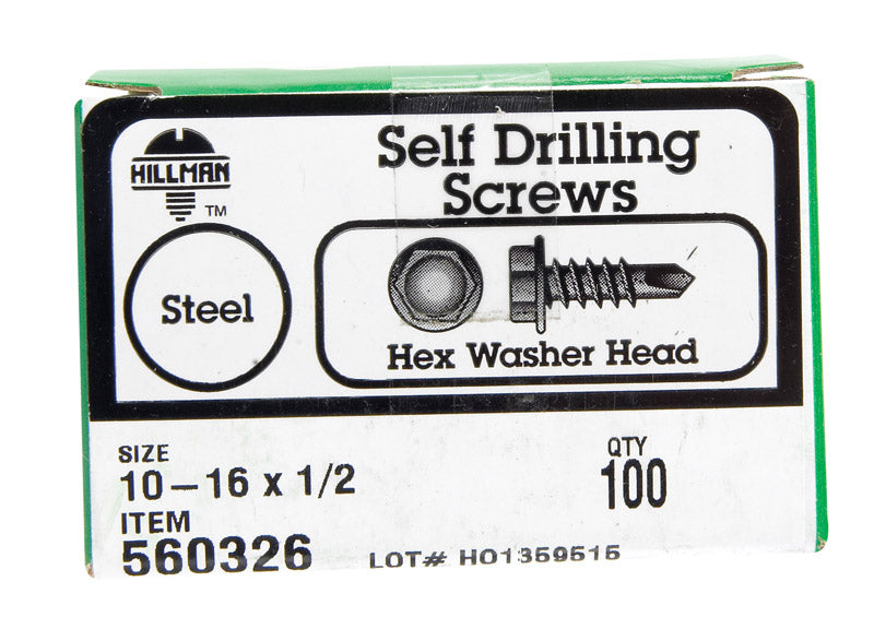 HILLMAN - Hillman No. 10-16 X 1/2 in. L Hex Washer Head Self- Drilling Screws 100 pk