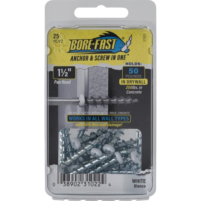 HILLMAN - Bore-Fast 3/16 in. D X 1-1/2 in. L Steel Pan Head Screw and Anchor 25 pc - Case of 5 [377625]