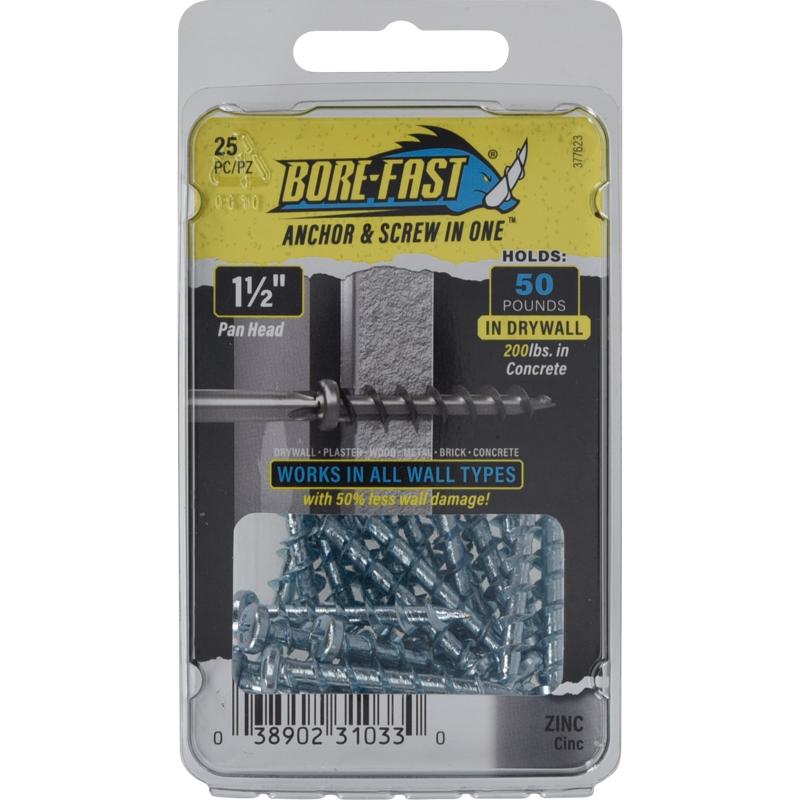 HILLMAN - Bore-Fast 3/16 in. D X 1-1/2 in. L Steel Pan Head Screw and Anchor 25 pc - Case of 5 [377623]