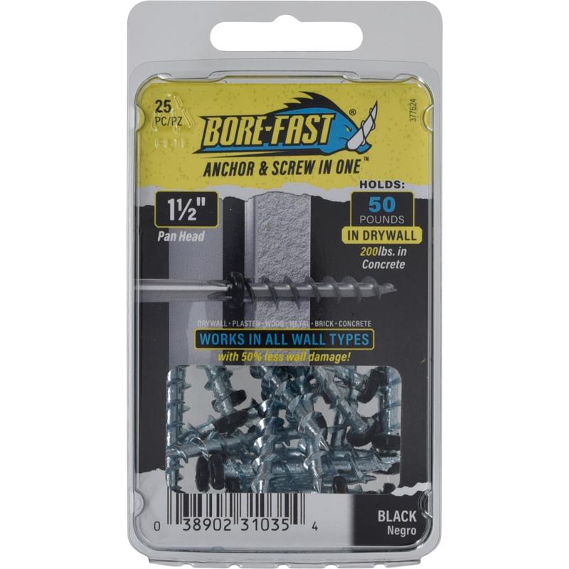 HILLMAN - Bore-Fast 3/16 in. D X 1-1/2 in. L Steel Pan Head Screw and Anchor 25 pc - Case of 5 [377624]
