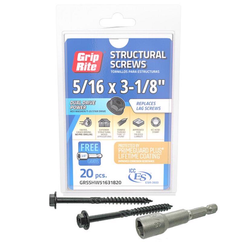 GRIP-RITE - Grip-Rite 5/16 in. wire X 3-1/8 in. L Star Hex Washer Head Structural Screws 20 pk