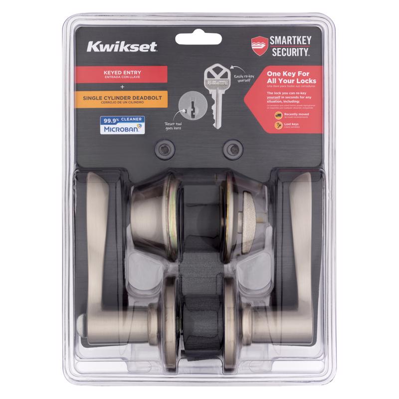 KWIKSET - Kwikset SmartKey Security Satin Nickel Lever and Single Cylinder Deadbolt KW1 2-3/4 in.