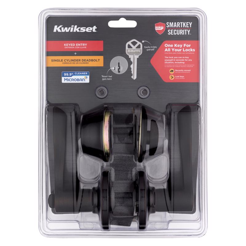 KWIKSET - Kwikset SmartKey Security Venetian Bronze Lever and Single Cylinder Deadbolt KW1 2-3/4 in.