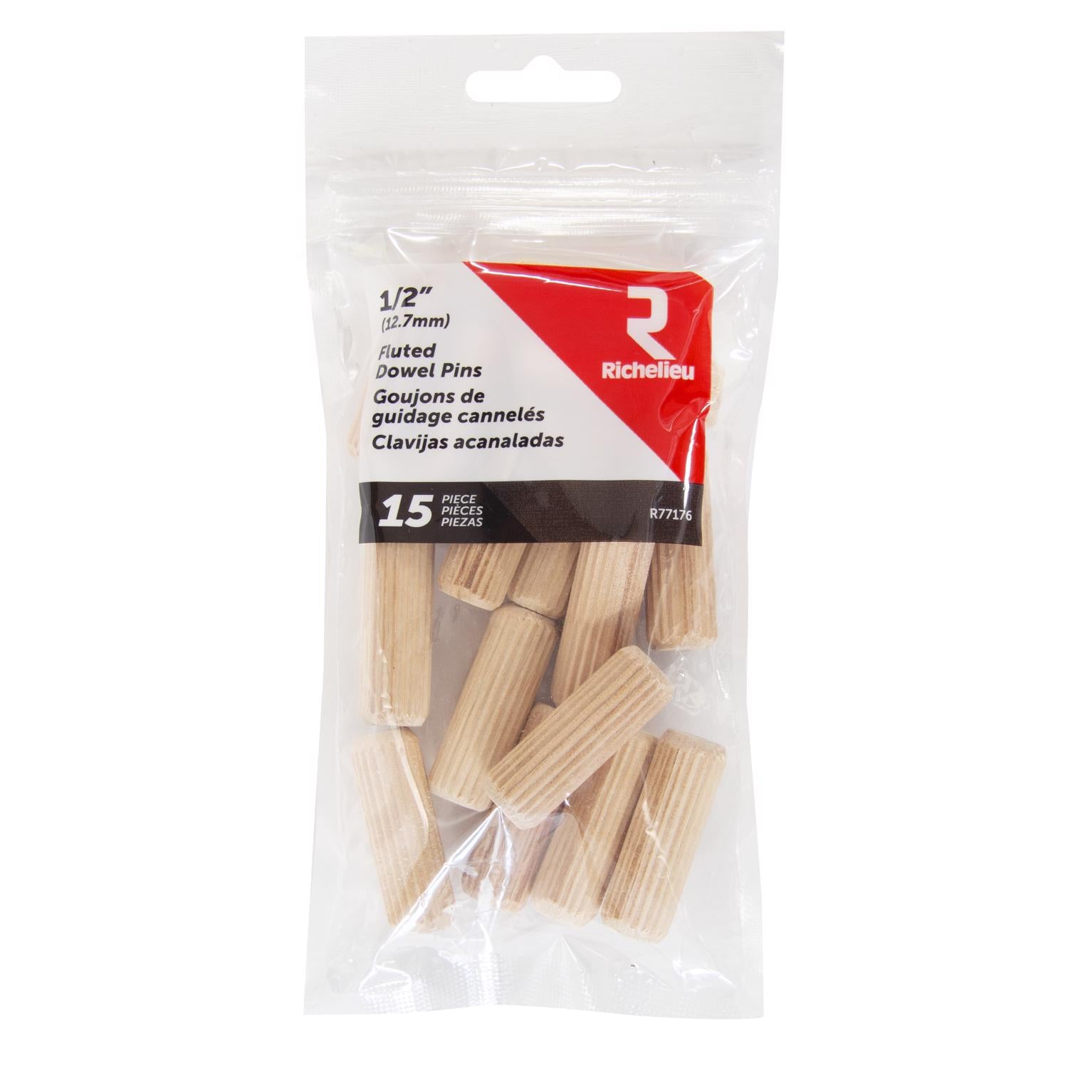 Richelieu Fluted Wood Dowel Pin 1/2 in. D X 1.5 in. L 15 pk Natural - Case of 5