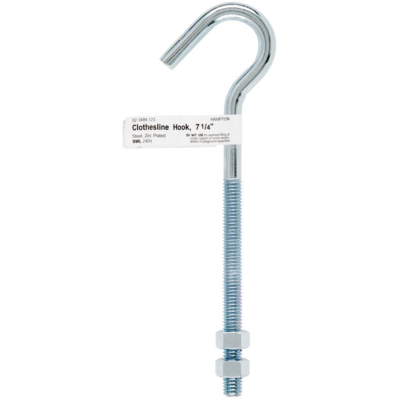 HAMPTON - Hampton Medium Zinc-Plated Silver Steel 7.25 in. L Clothesline Bolt Hook 240 lb 1 pk - Case of 10