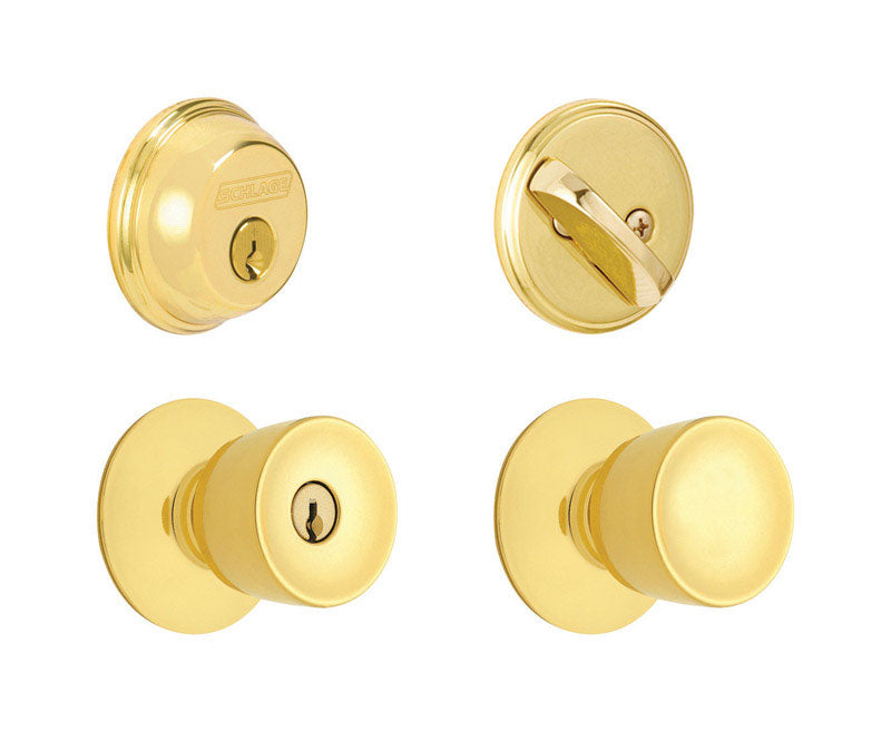 SCHLAGE - Schlage Bell Bright Brass Knob and Single Cylinder Deadbolt 1-3/4 in.