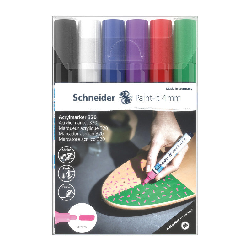 SCHNEIDER - Paint-It 320 Acrylic Markers, 4 mm Bullet Tip, Wallet, 6 Assorted Ink Colors