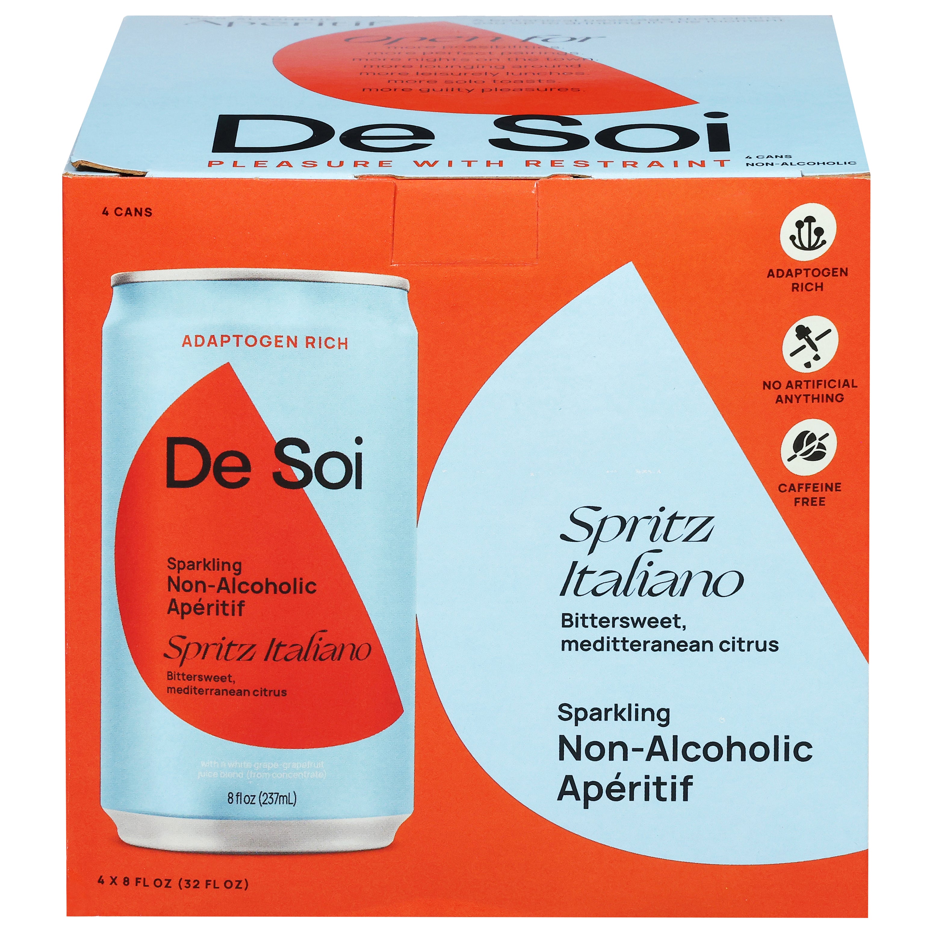 De Soi Sparkling Non-Alcoholic Spritz Italiano Aperitif 4 - 8 fl oz Cans - Case of 6