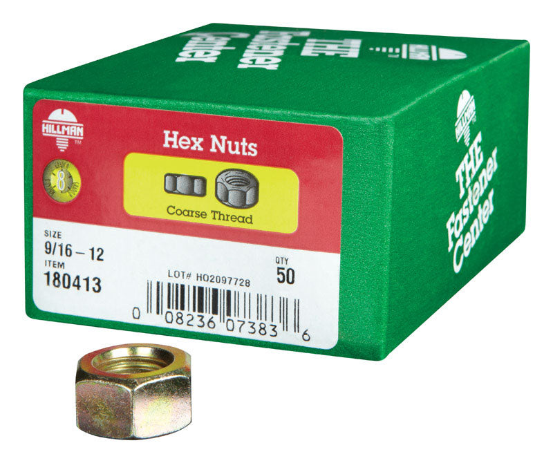 HILLMAN - Hillman 9/16 in. Zinc Dichromate Steel USS Hex Nut 50 pk