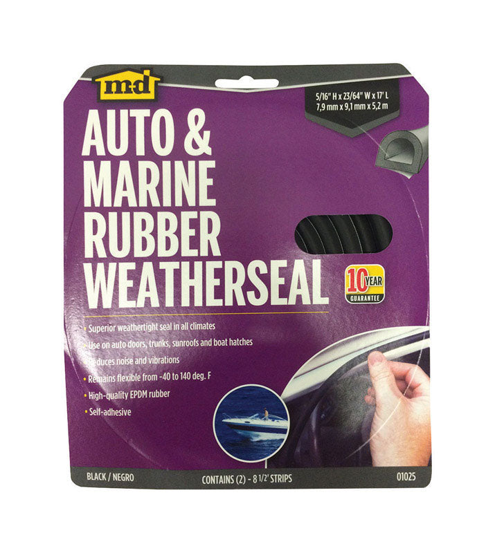 M-D - M-D Black Rubber Weatherstrip For Auto and Marine 17 ft. L X 5/16 in.