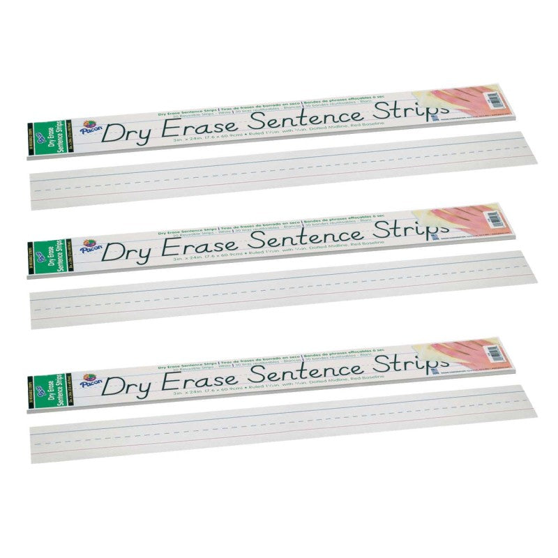 PACON - Dry Erase Sentence Strips, White, 1-1/2" X 3/4" Ruled, 3" x 24", 30 Per Pack, 3 Packs