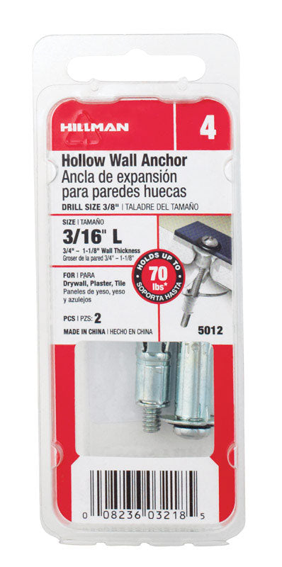 HILLMAN - Hillman 3/16 in. D X 2 3/4 in. L Metal Round Head Hollow Wall Anchors 2 pk - Case of 6