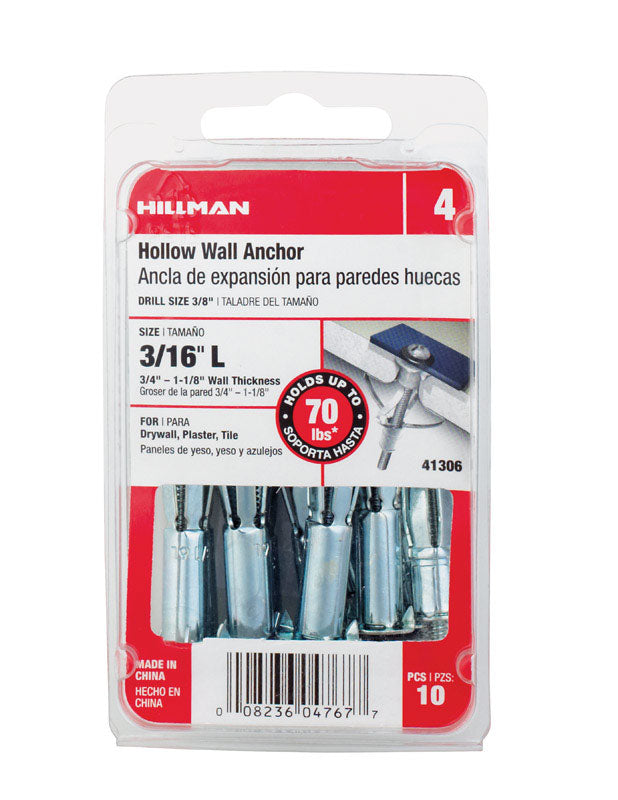 HILLMAN - Hillman 3/16 in. D X 3/16 Long in. L Metal Pan Head Hollow Wall Anchors 10 pk - Case of 5