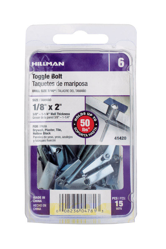 HILLMAN - Hillman 1/8 in. D X 2 in. L Round Steel Toggle Bolt 15 pk - Case of 5