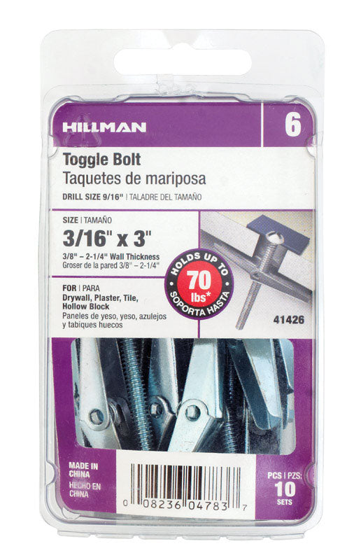 HILLMAN - Hillman 3/16 in. D X 3 in. L Round Steel Toggle Bolt 10 pk - Case of 5