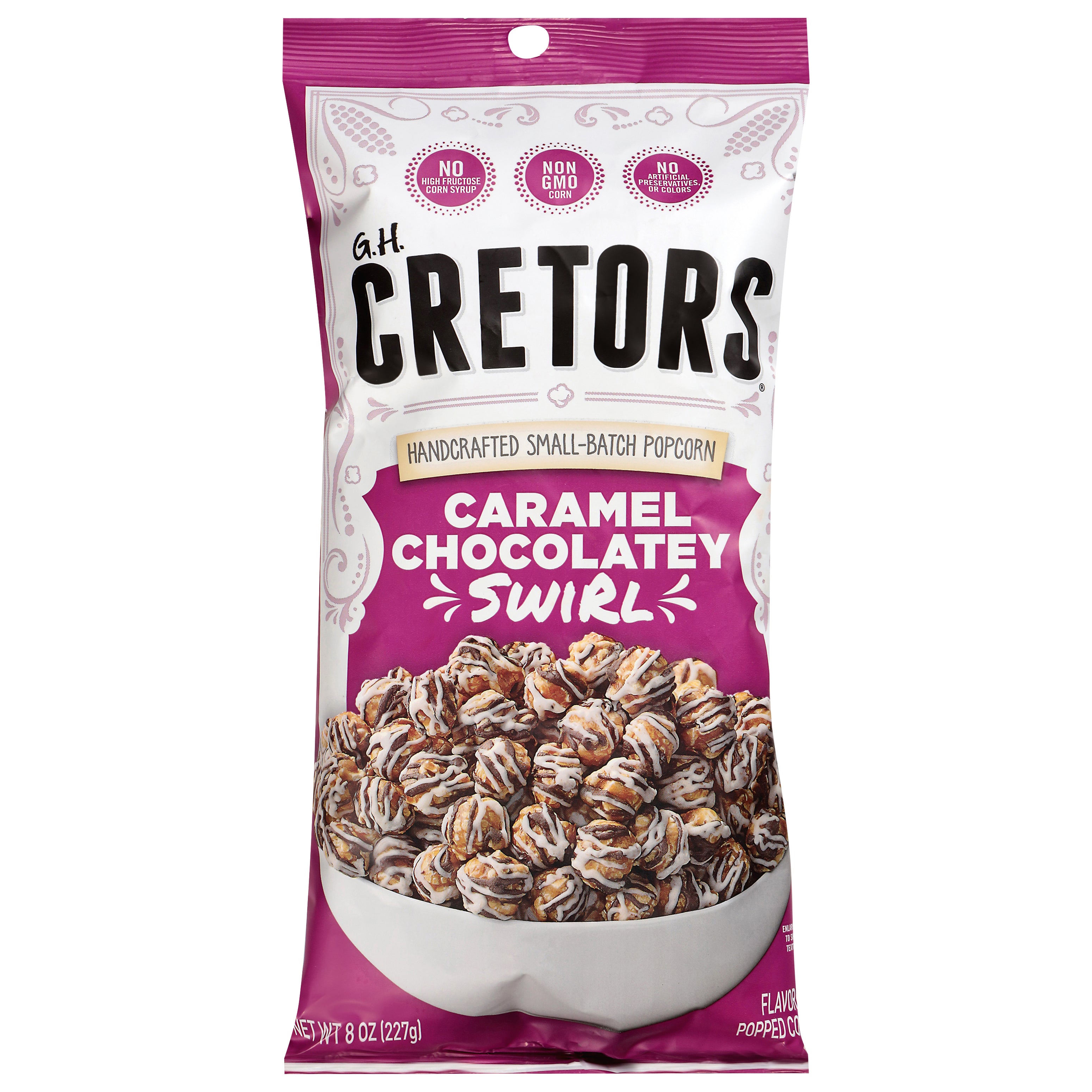 G.H. Cretors Caramel Chocolatey Swirl Popcorn 8 oz - Case of 12