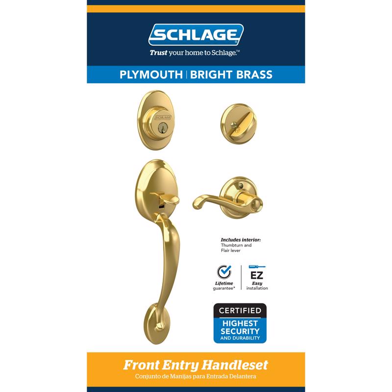 SCHLAGE - Schlage Plymouth, Flair Bright Brass Entry Handleset 1-3/4 in.