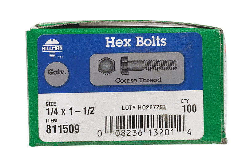 HILLMAN - Hillman 1/4 in. D X 1-1/2 in. L Hot Dipped Galvanized Steel Hex Bolt 100 pk