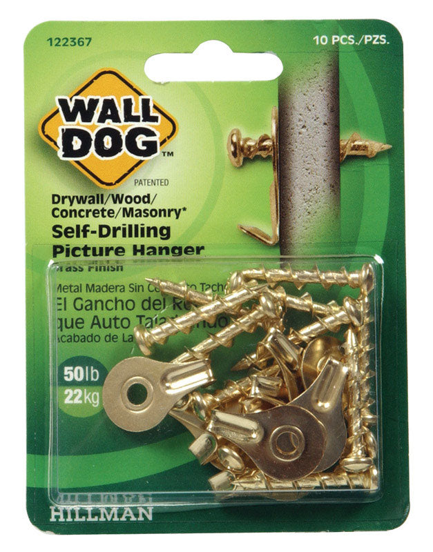 HILLMAN - Hillman WALL DOG Brass-Plated Gold Self-Drilling Picture Hanger 50 lb 10 pk - Case of 10