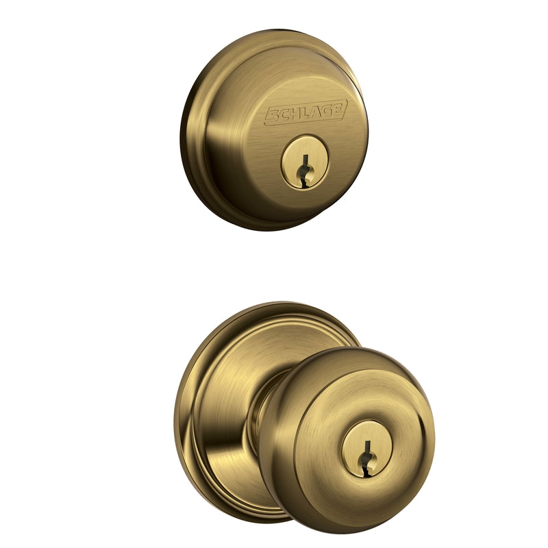 SCHLAGE - Schlage Georgian Antique Brass Knob and Single Cylinder Deadbolt 1-3/4 in.