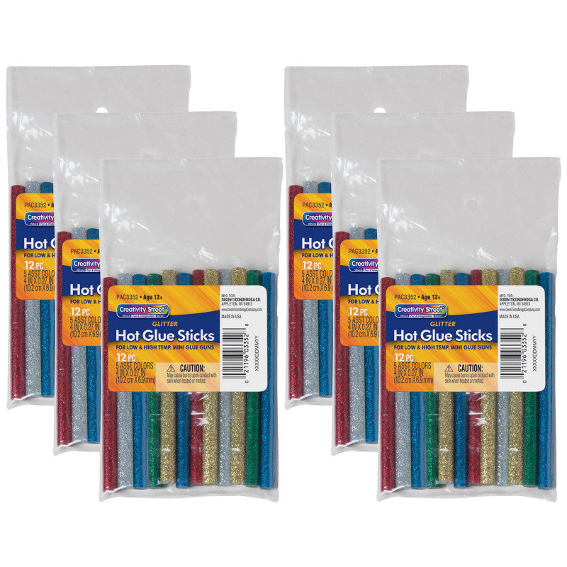 CREATIVITY STREET - Hot Glue Sticks, 6 Assorted Glitter Colors, 4" x 0.31", 12 Per Pack, 6 Packs
