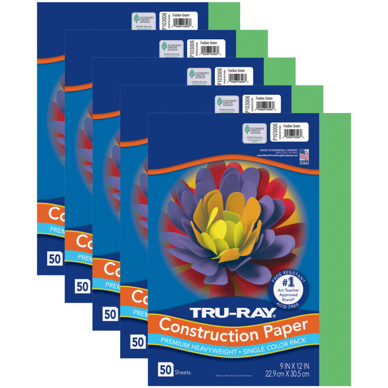 TRU-RAY - Construction Paper, Festive Green, 9" x 12", 50 Sheets Per Pack, 5 Packs